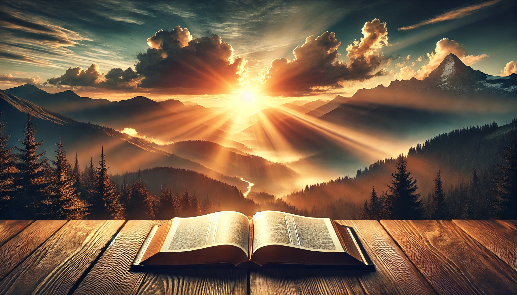 A sunrise over a mountain range, an open Bible in the foreground.