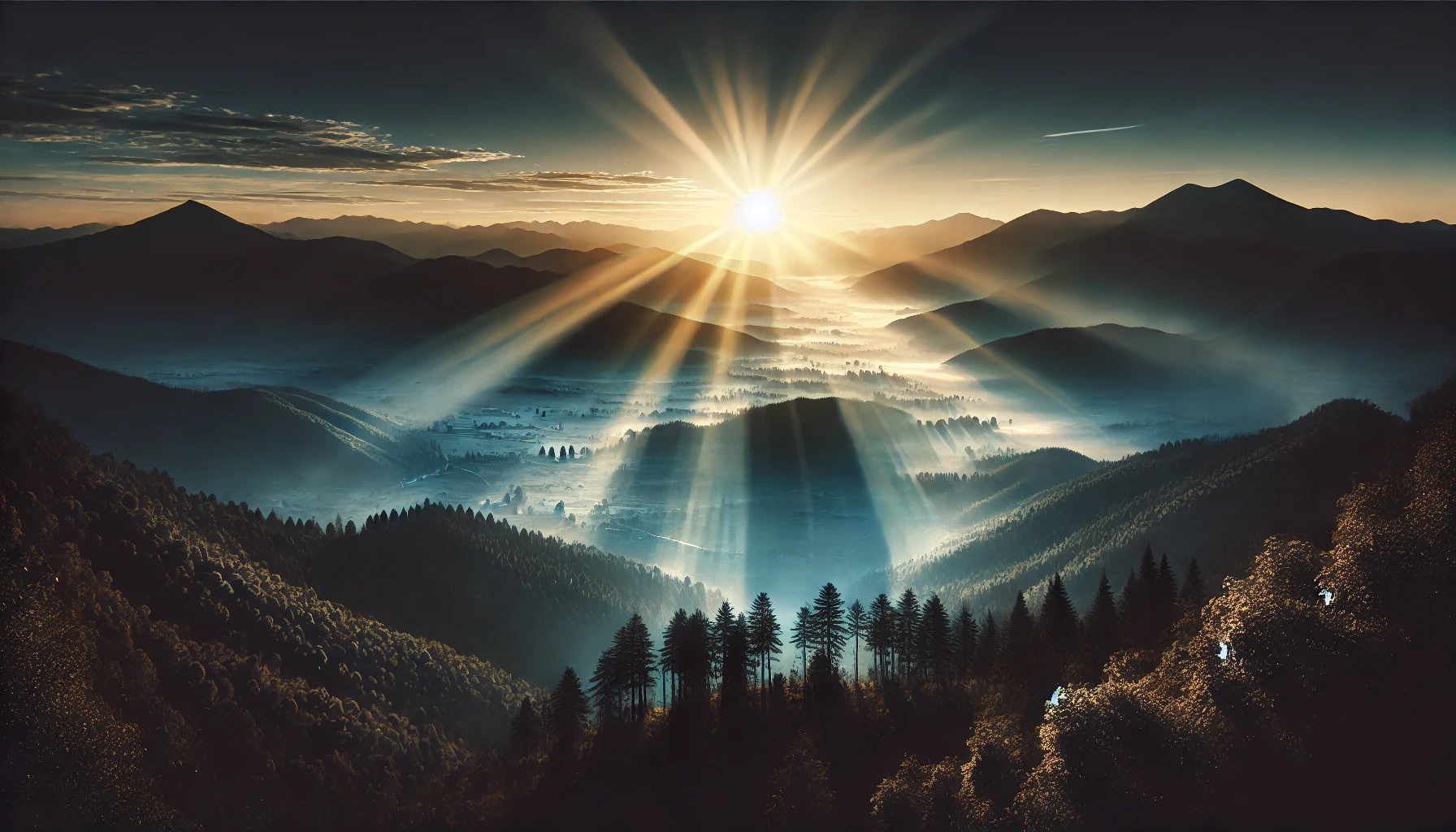 A sunrise over a peaceful mountain range with rays of light illuminating the valley below.