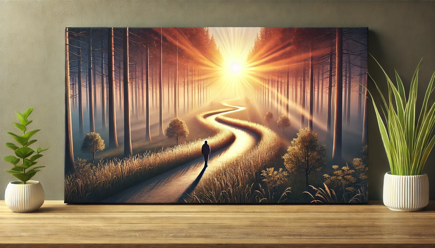 A sunrise over a winding path in a peaceful forest.