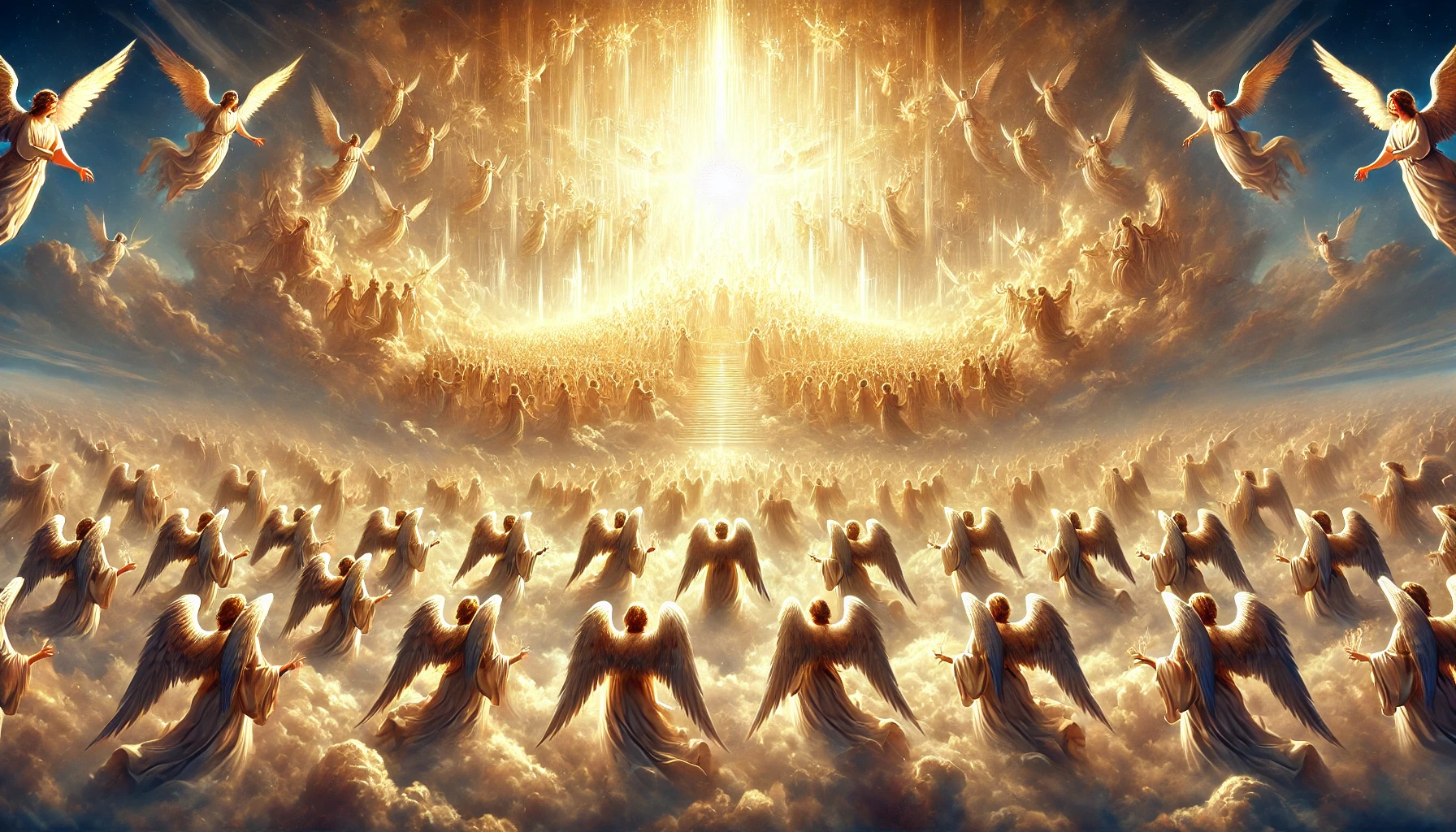 A sweeping view of the heavens showing a multitude of angels in the distance, glowing with golden light.