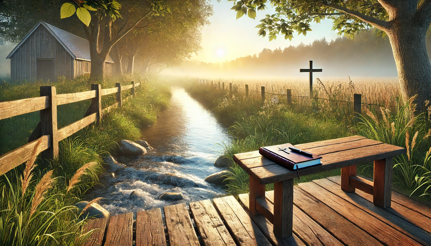 A tranquil countryside at dawn, with a small wooden bench by a clear stream.