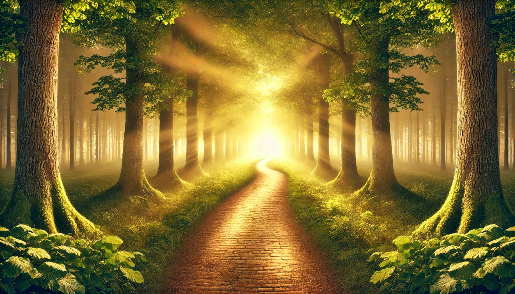 A tranquil forest path bathed in golden sunlight streaming through the trees.