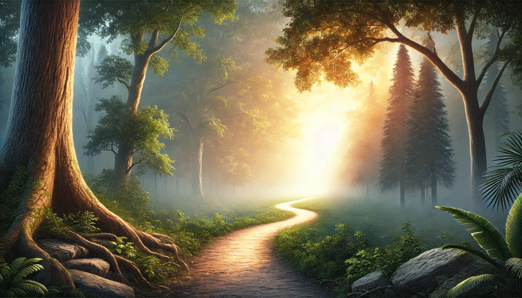 A tranquil forest path winding toward a bright light at the horizon.