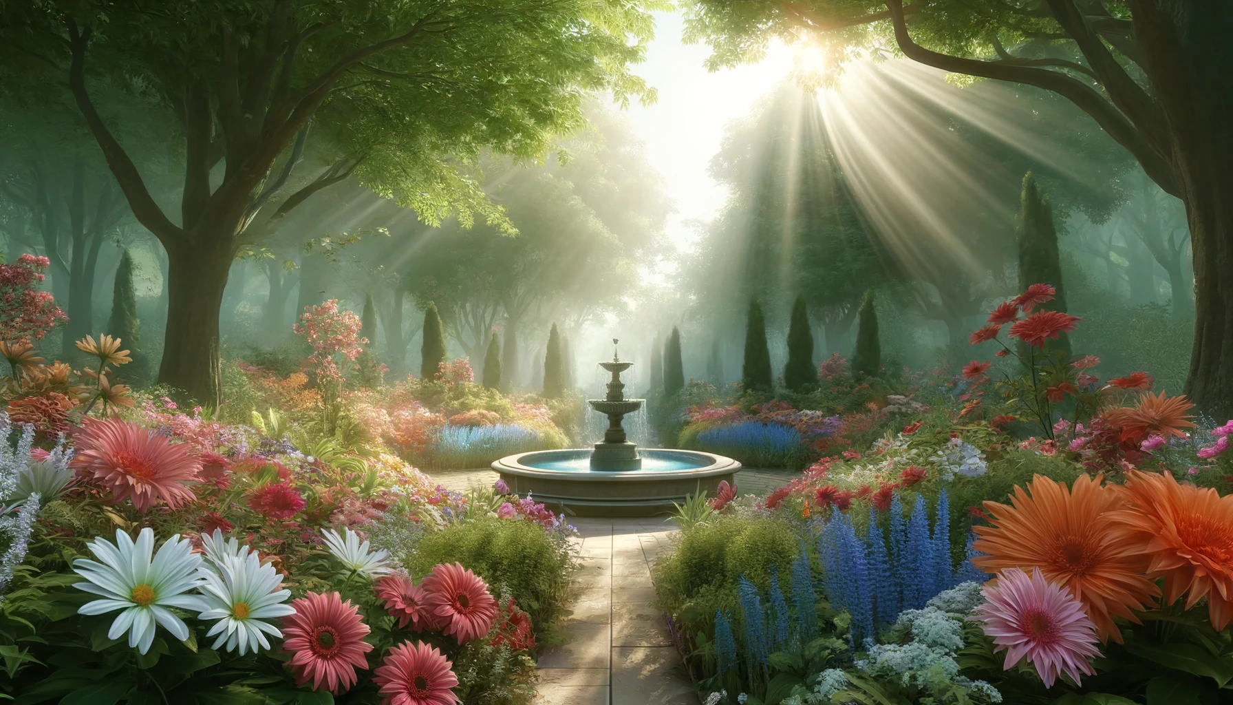 A tranquil garden filled with blooming flowers of various colors, a small a fountain in the center.