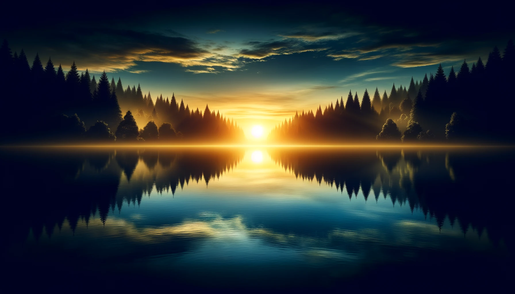 A tranquil lake at twilight with the reflection of the last light of the day on the water.