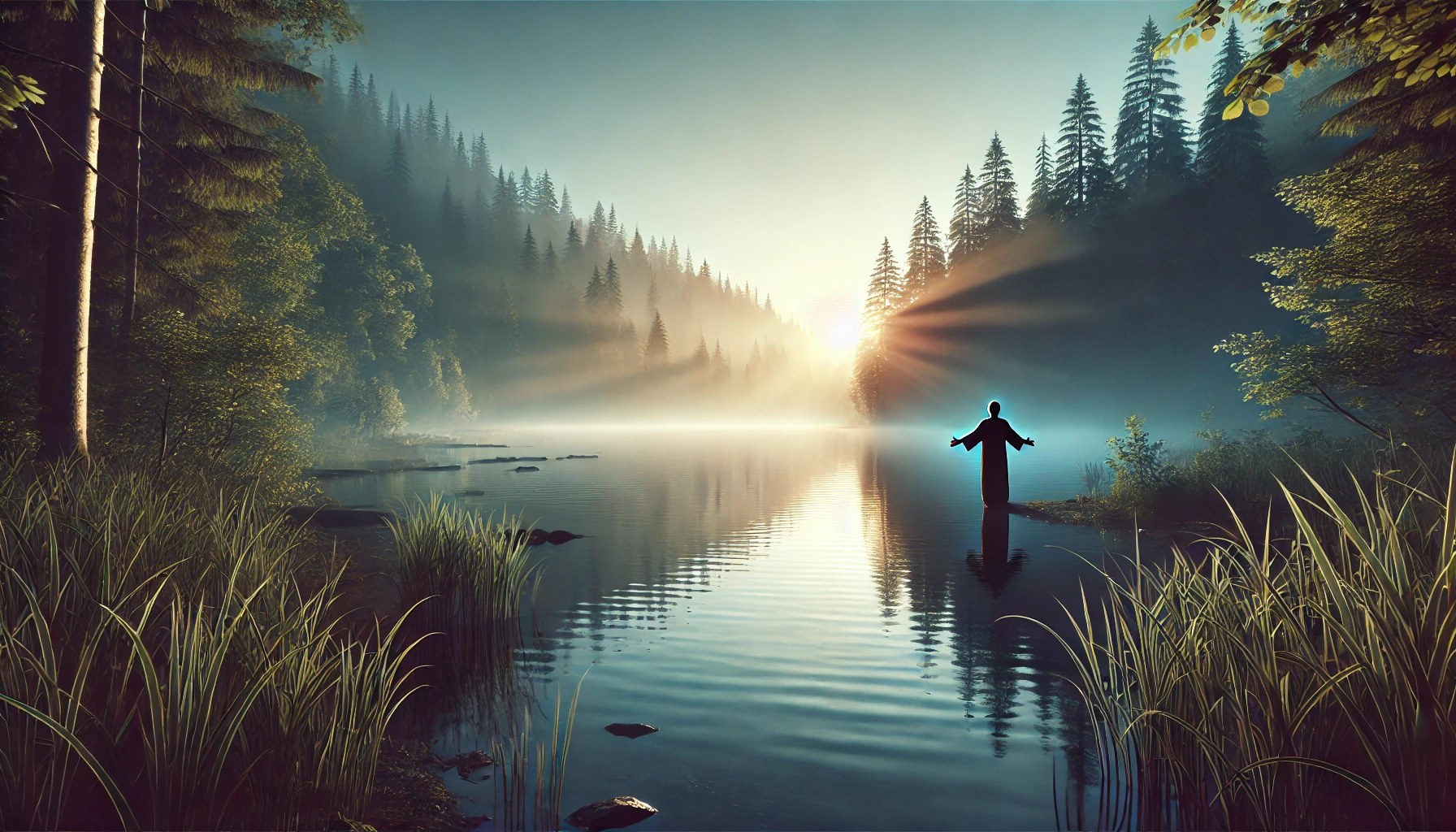 A tranquil lake surrounded by a dense forest at dawn.