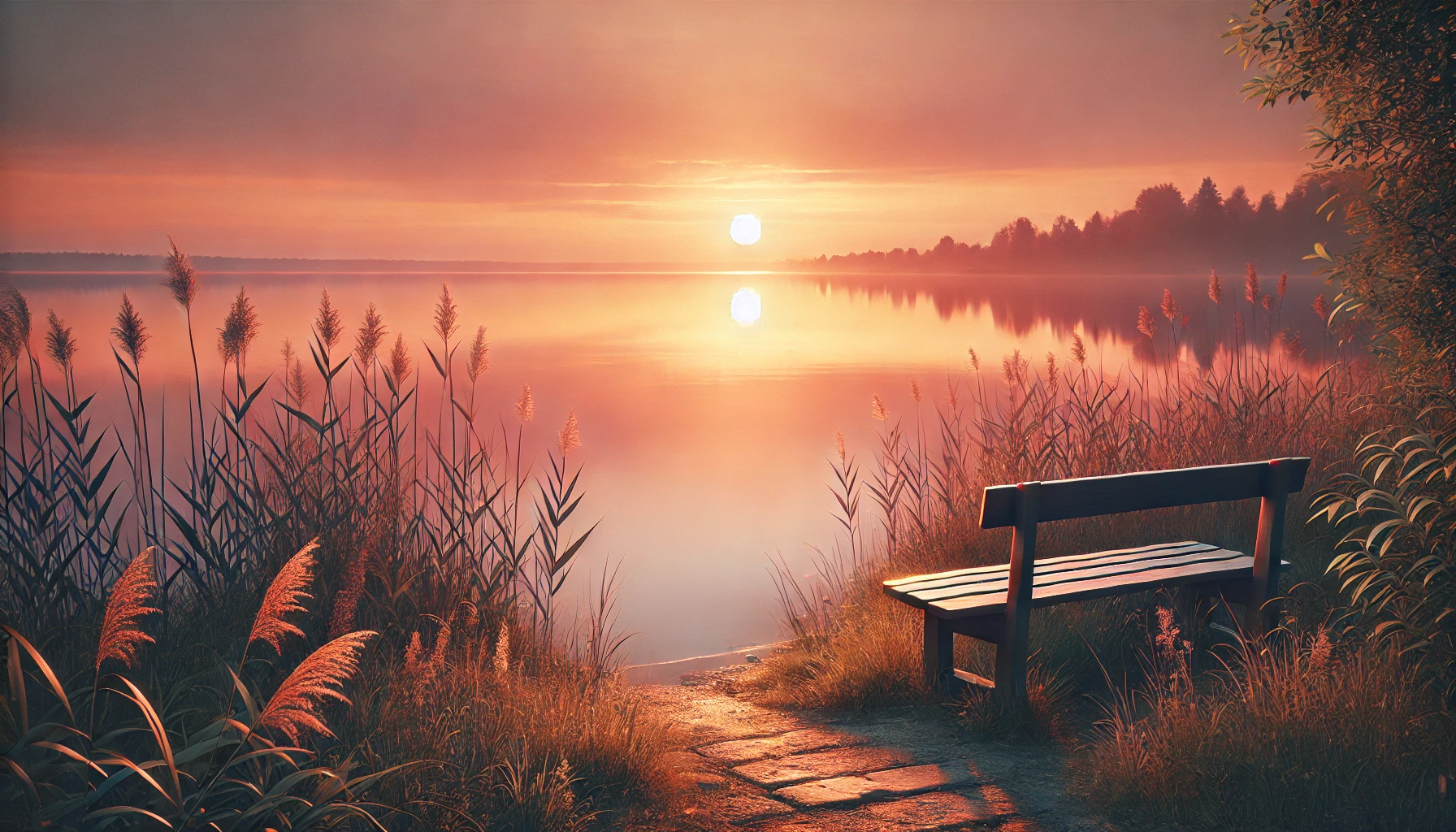 A tranquil lakeside at sunset, with soft orange and pink hues reflecting on the water.