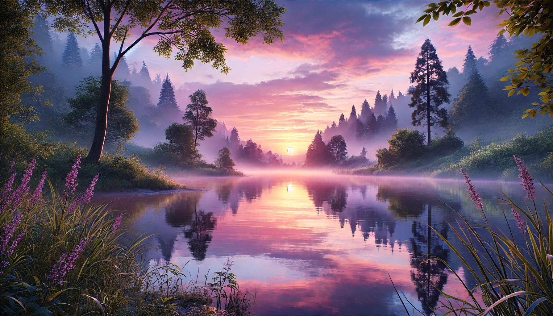 A tranquil lakeside view at dawn, with calm water reflecting a soft, colorful sunrise of pink, orange, and lavender.