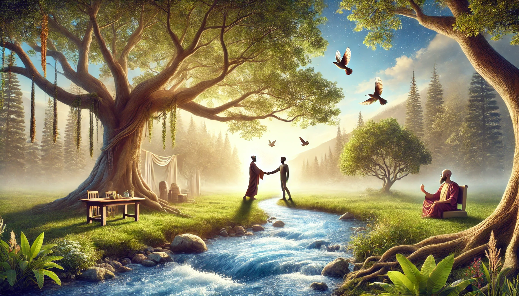 A tranquil park setting where two people are shaking hands under a large tree.