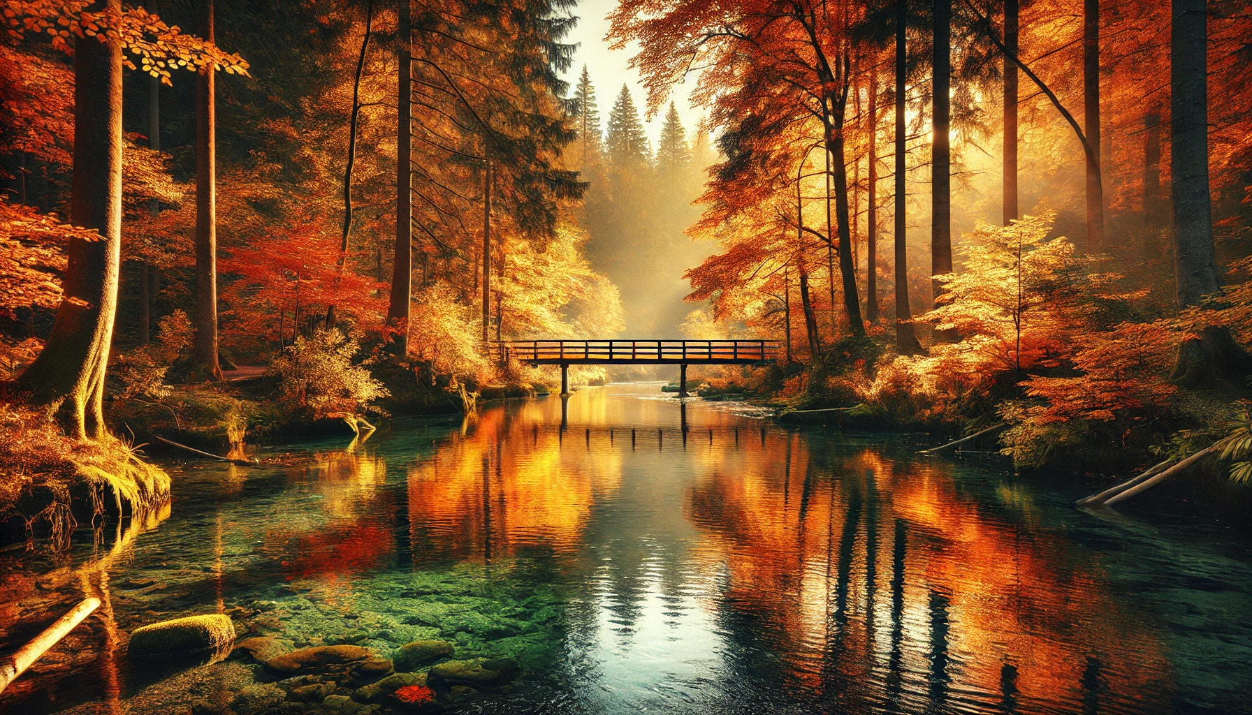 A tranquil river flowing through a dense forest during autumn.