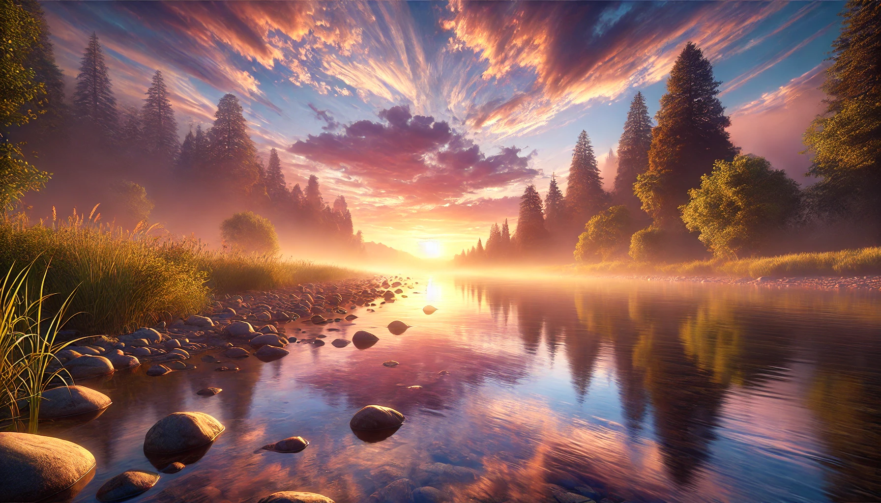 A tranquil riverside at sunset, with still waters reflecting the golden and pink hues of the sky.