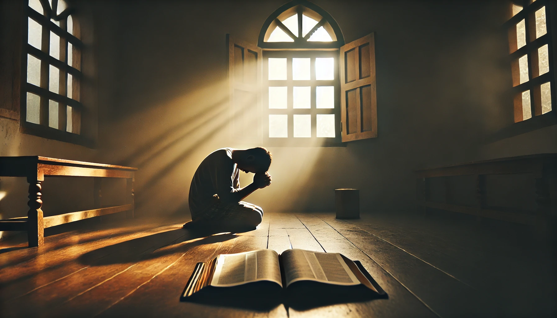 A tranquil scene depicting a person kneeling in prayer in a quiet room.