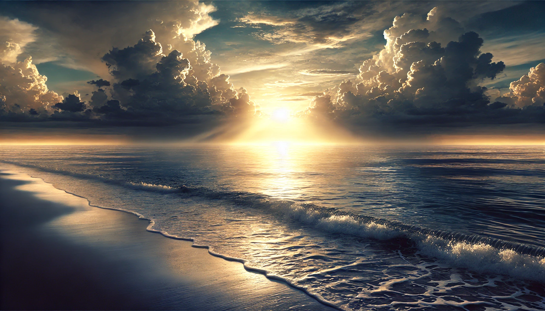 A tranquil shoreline at dusk with gentle waves meeting the sand.