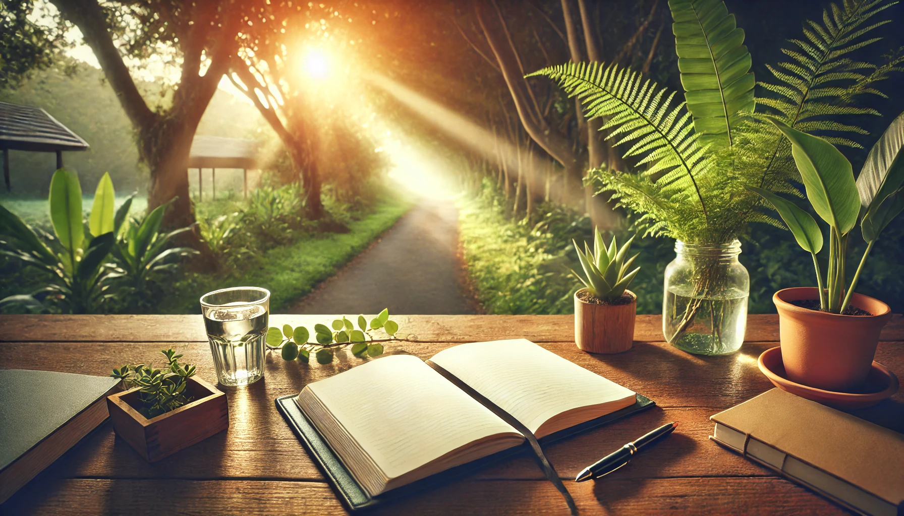 A tranquil workspace setting outdoors at sunrise.