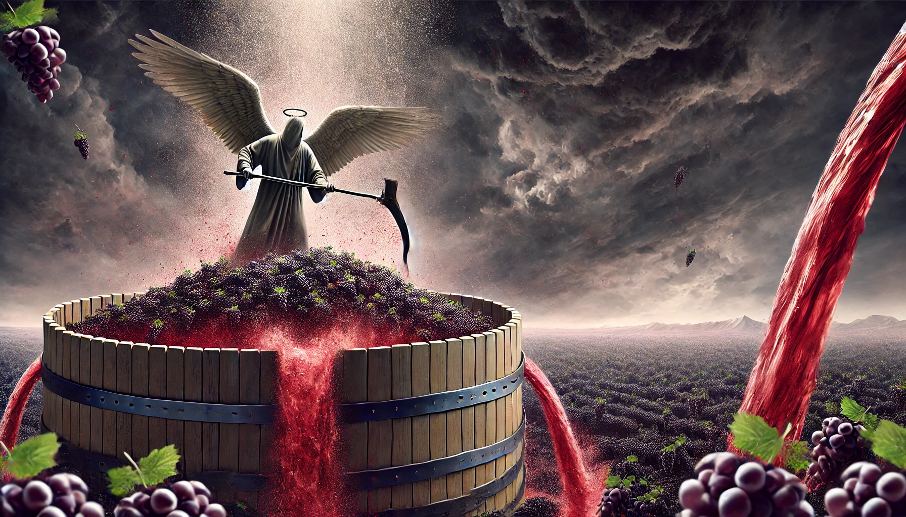 A vast and ominous vineyard being harvested by an angel wielding a large sickle.