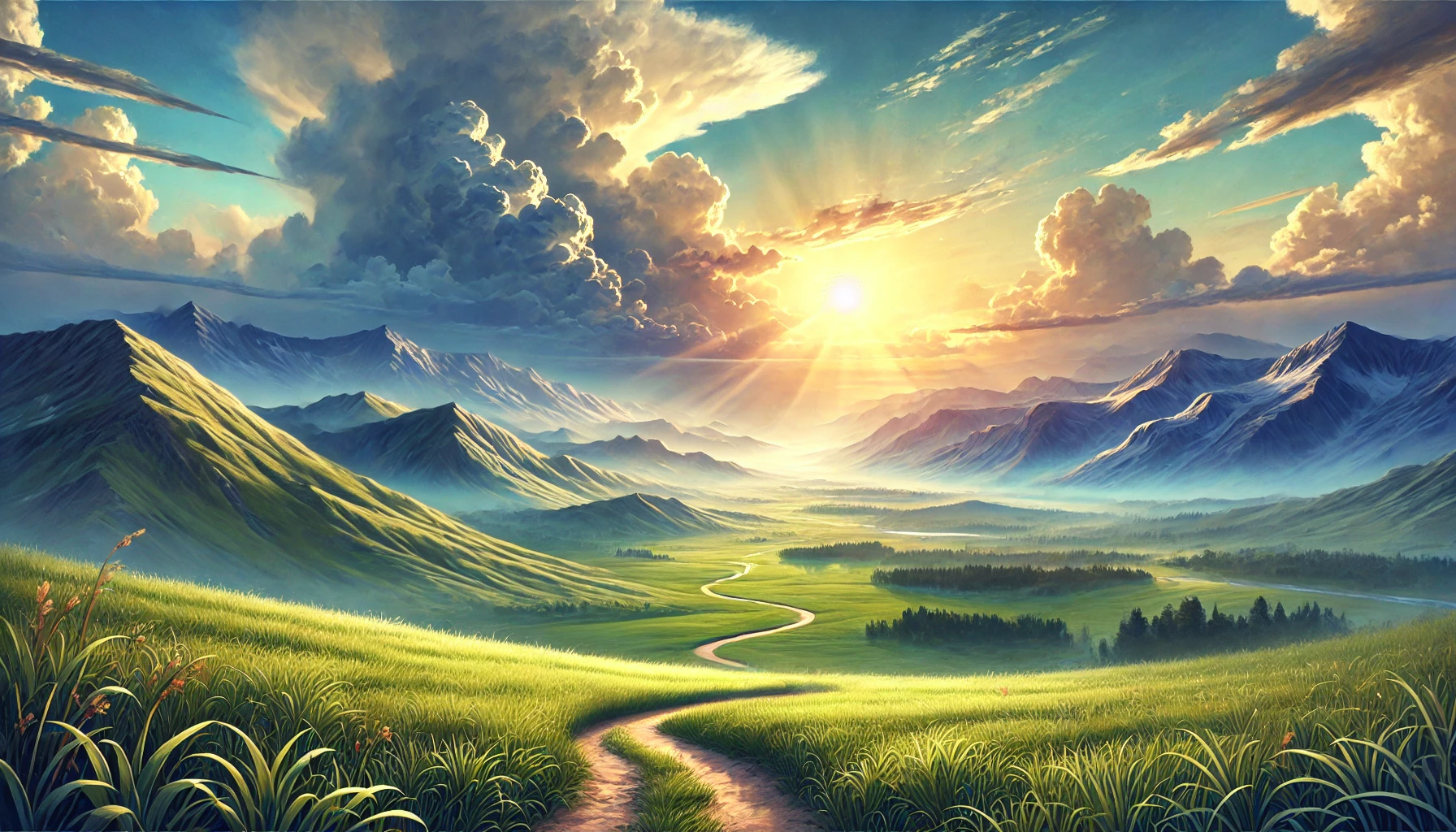 A vast landscape with a sunrise breaking through clouds over a peaceful mountain range.
