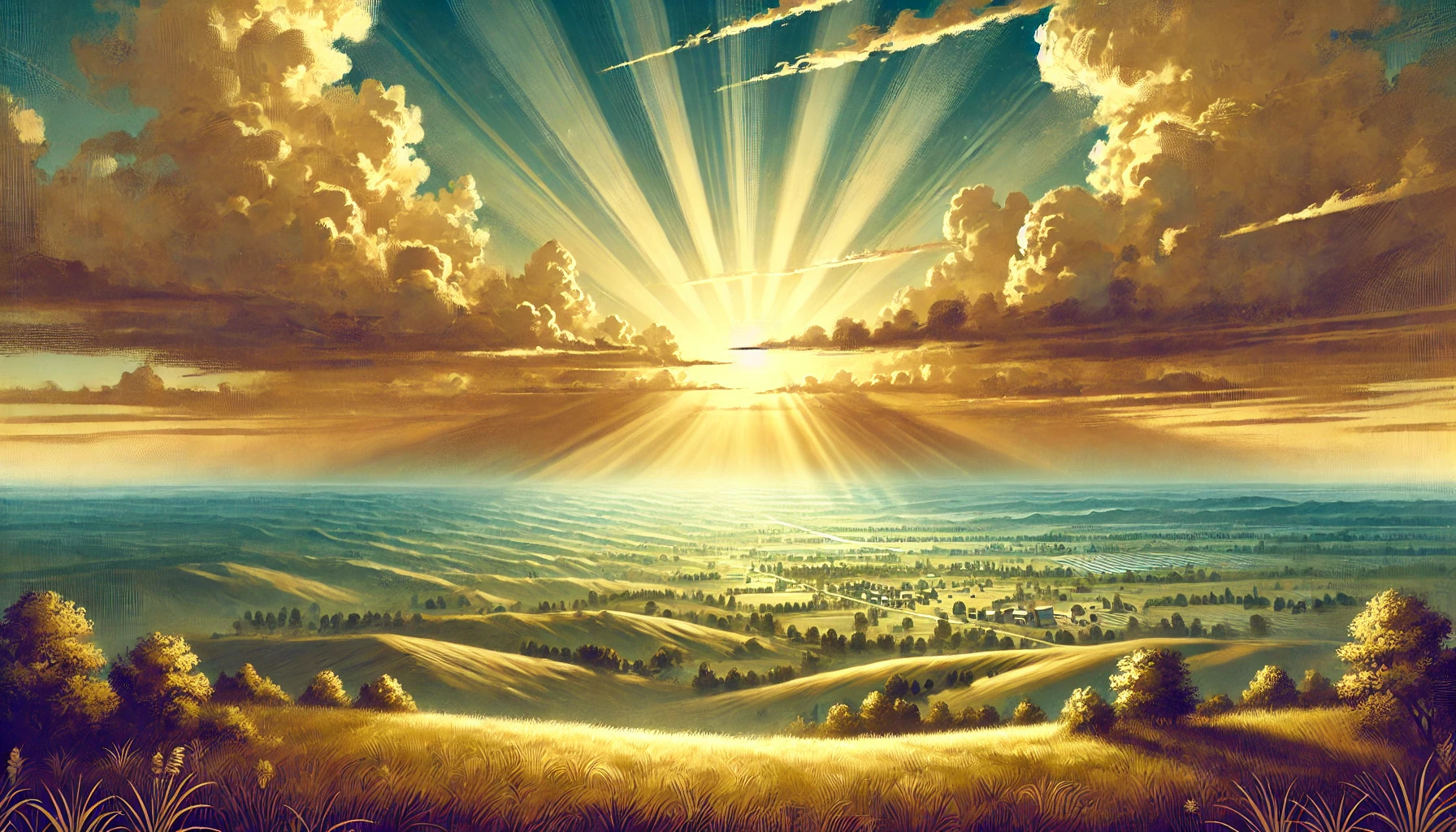 A vast open sky at sunrise, with rays of light breaking through the clouds.