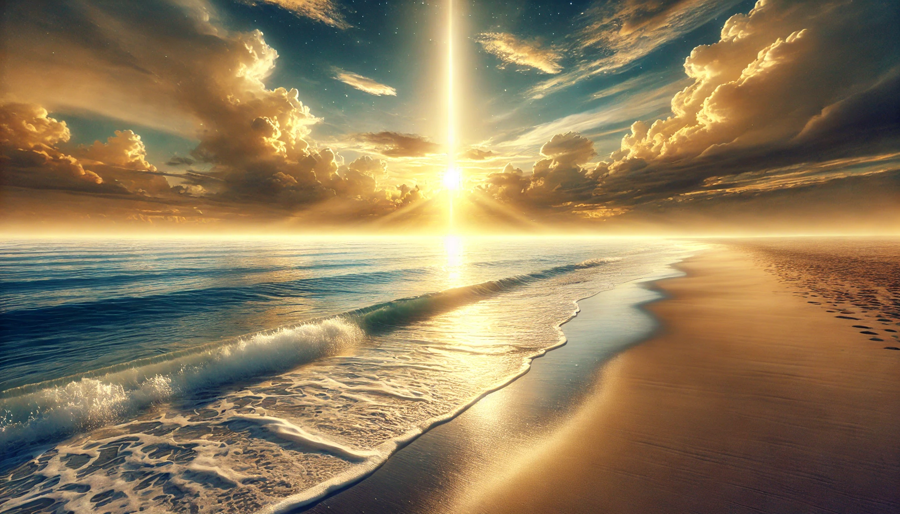 A vast, peaceful beach at sunrise with soft waves gently rolling onto the shore.