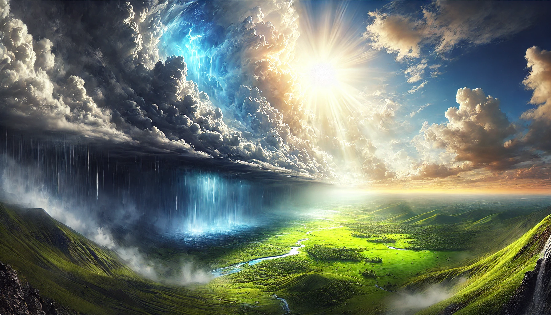 A vast sky transitioning from bright sunlight to dark storm.