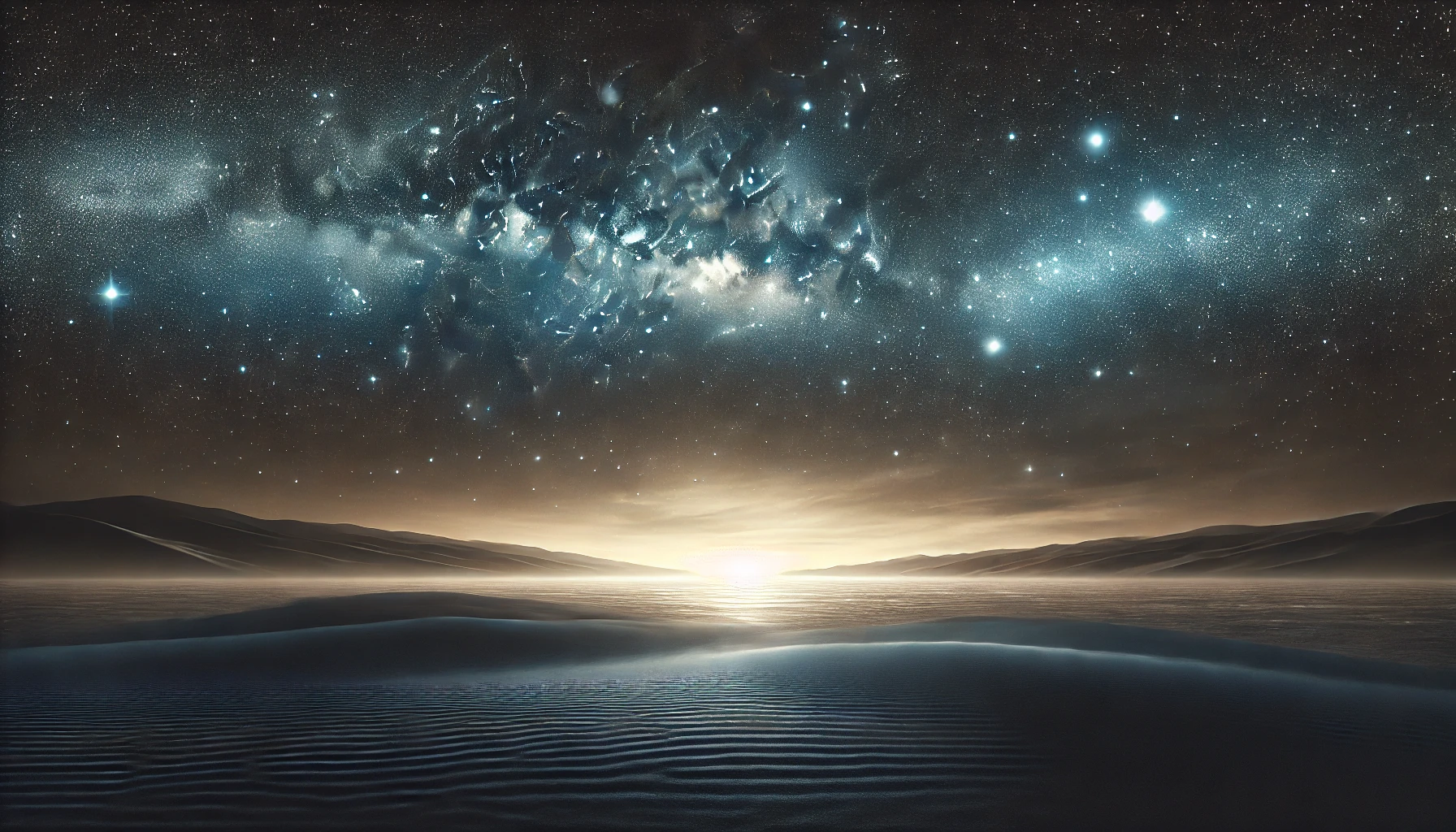 A vast, starry night sky with countless stars shining brightly over a serene ocean.