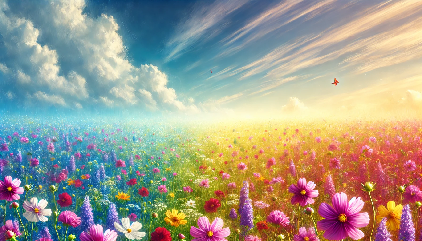 A vibrant field of wildflowers stretching to the horizon under a clear blue sky.