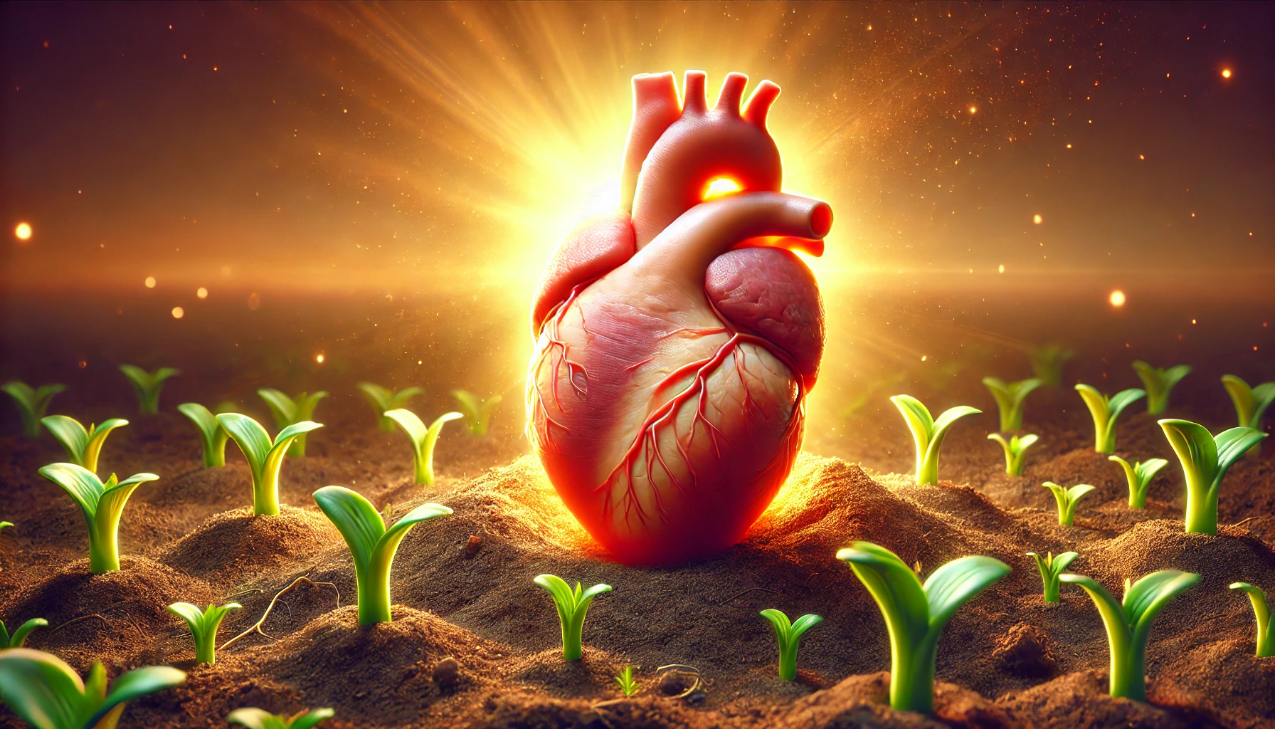 A vibrant, glowing human heart made of soft flesh-like material, set on rich, fertile soil with green sprouting plants.