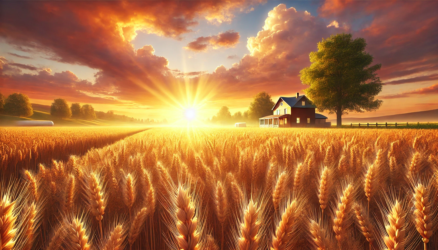 A vibrant golden wheat field at sunset, with soft rays of sunlight casting a warm glow.