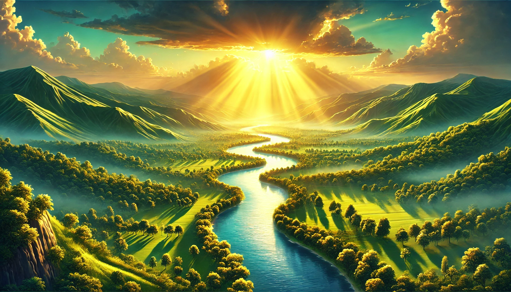 A vibrant green valley with a river winding through the landscape.