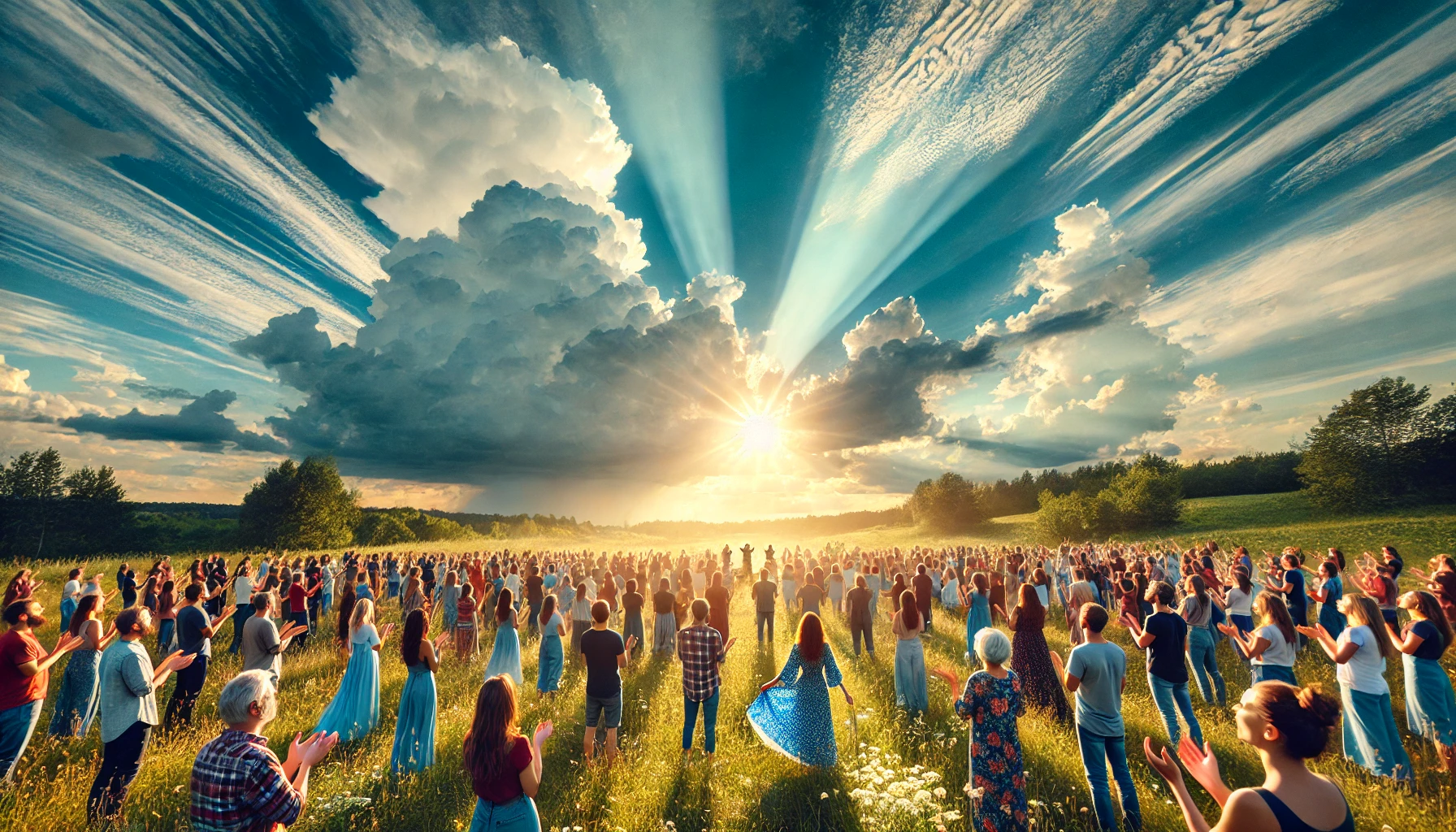 A vibrant outdoor gathering of people worshiping under a brilliant blue sky with rays of sunlight breaking through clouds.