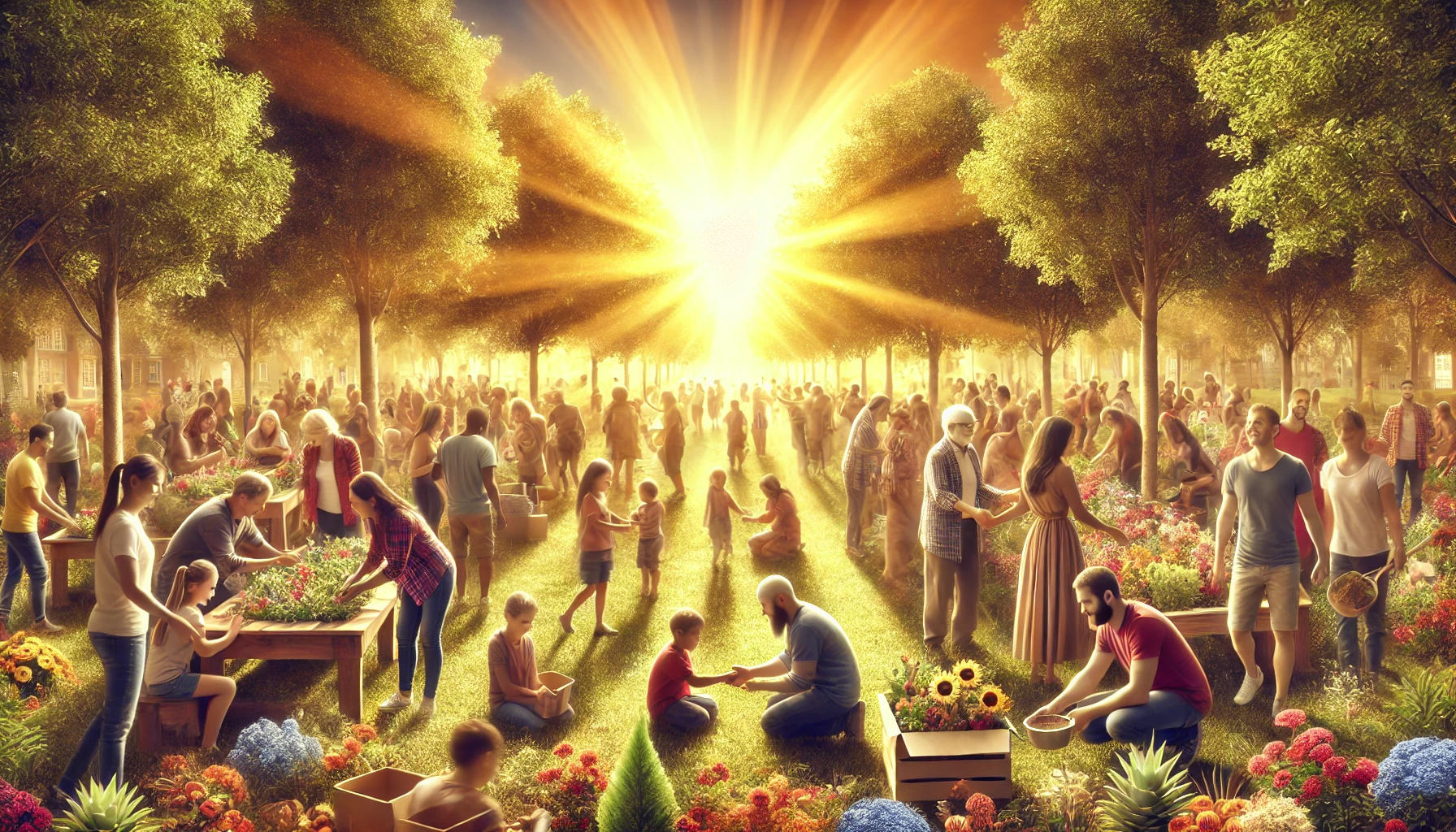 A vibrant, sunlit park where diverse groups of people are joyfully interacting and helping one another.