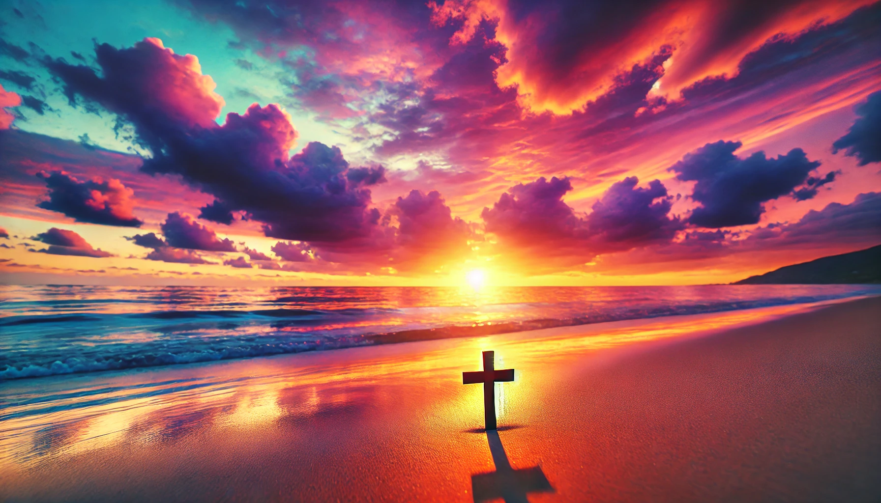 A vibrant sunset over a calm ocean with the light reflecting on the water.