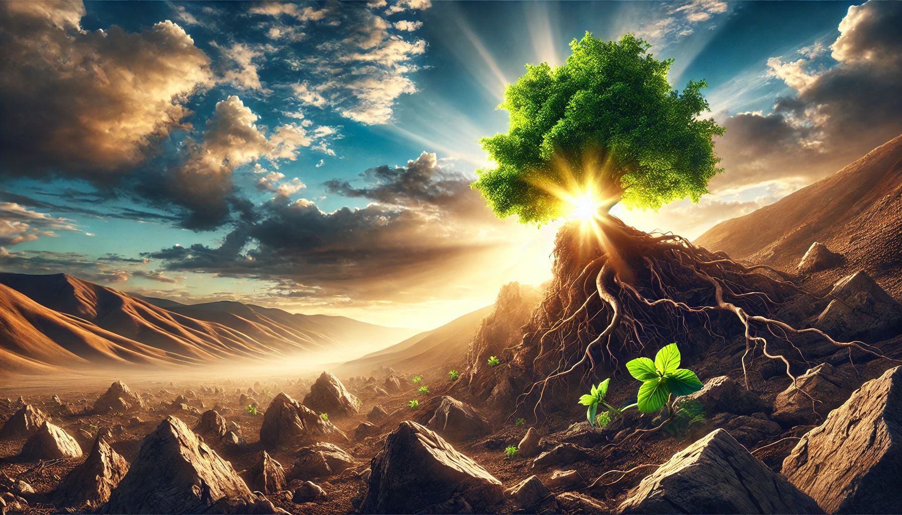 A vibrant tree growing out of rocky, barren ground under a dramatic sky with scattered clouds.