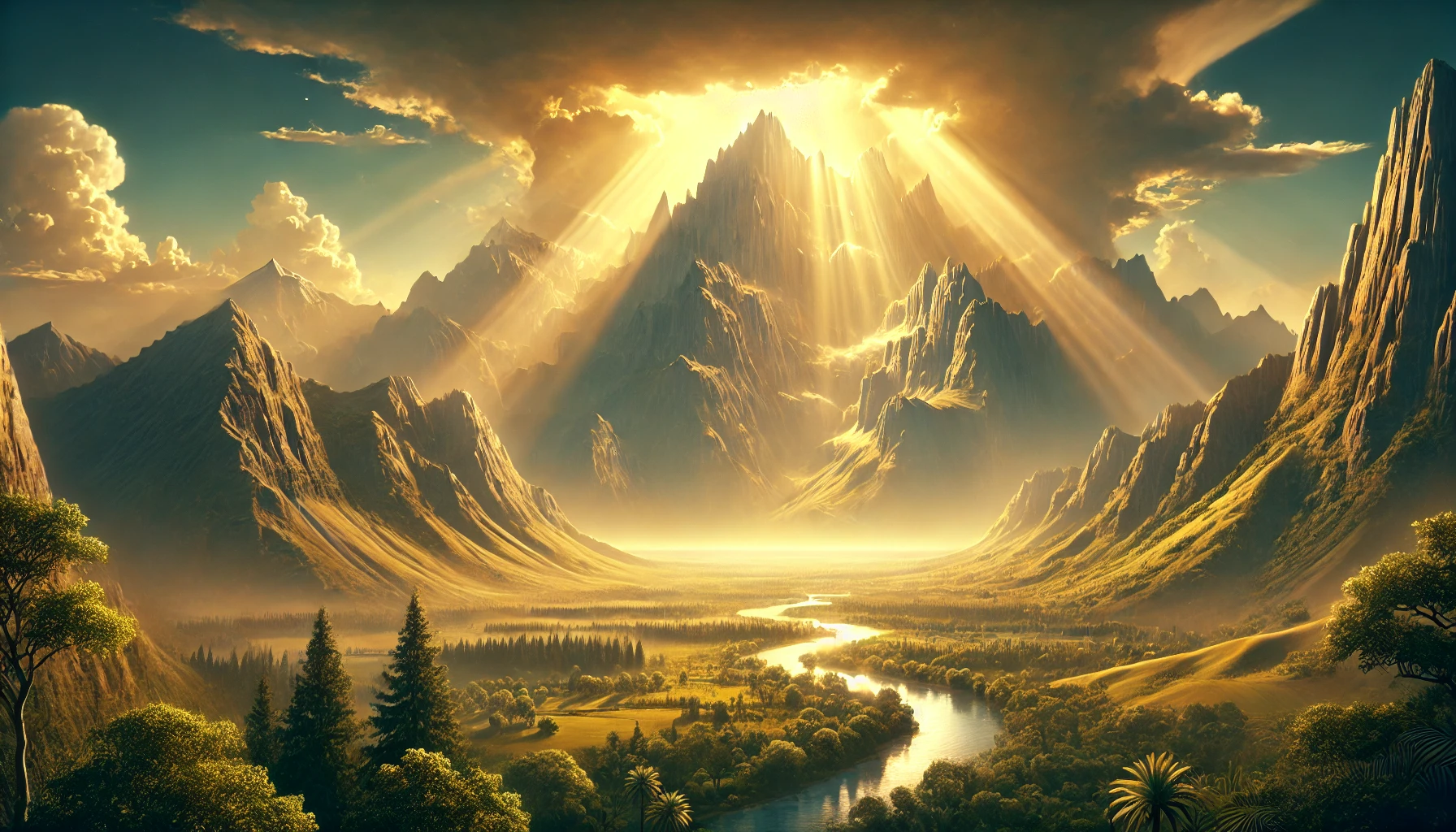 A view of a vast kingdom with golden light streaming down from the heavens.