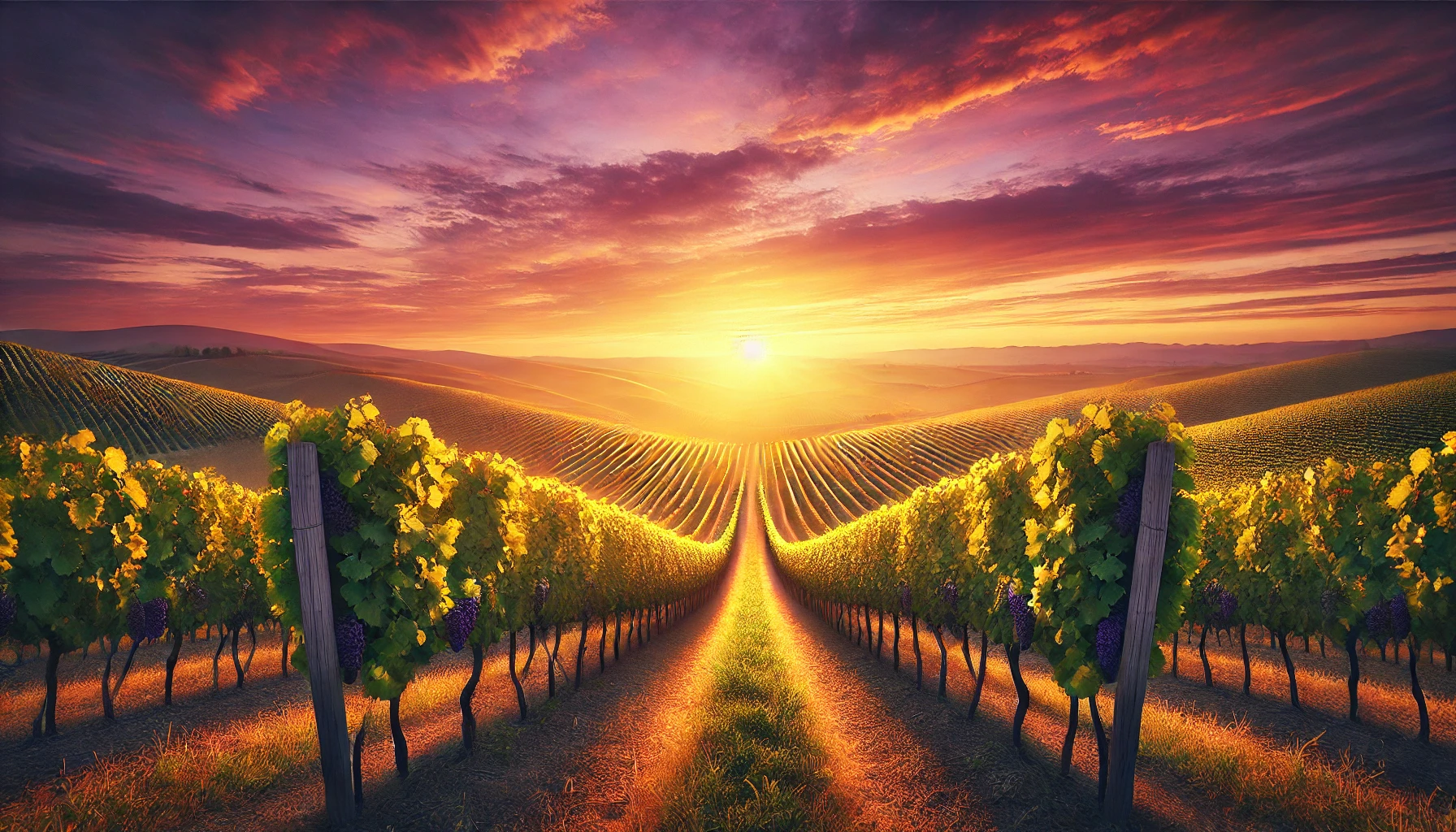 A vineyard at sunset.