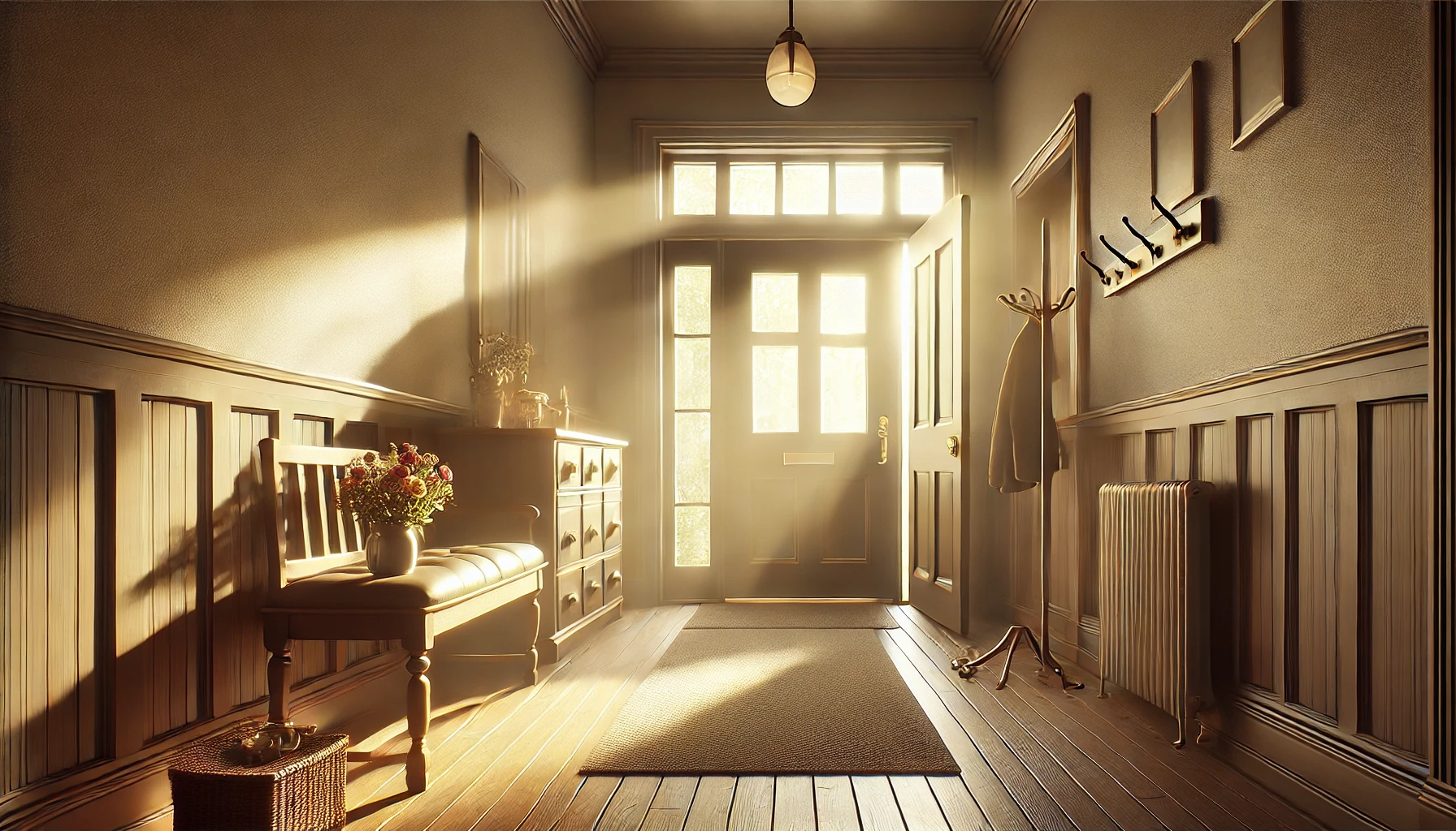 A warmly lit entrance hall of a home, with the door slightly ajar and light pouring in.