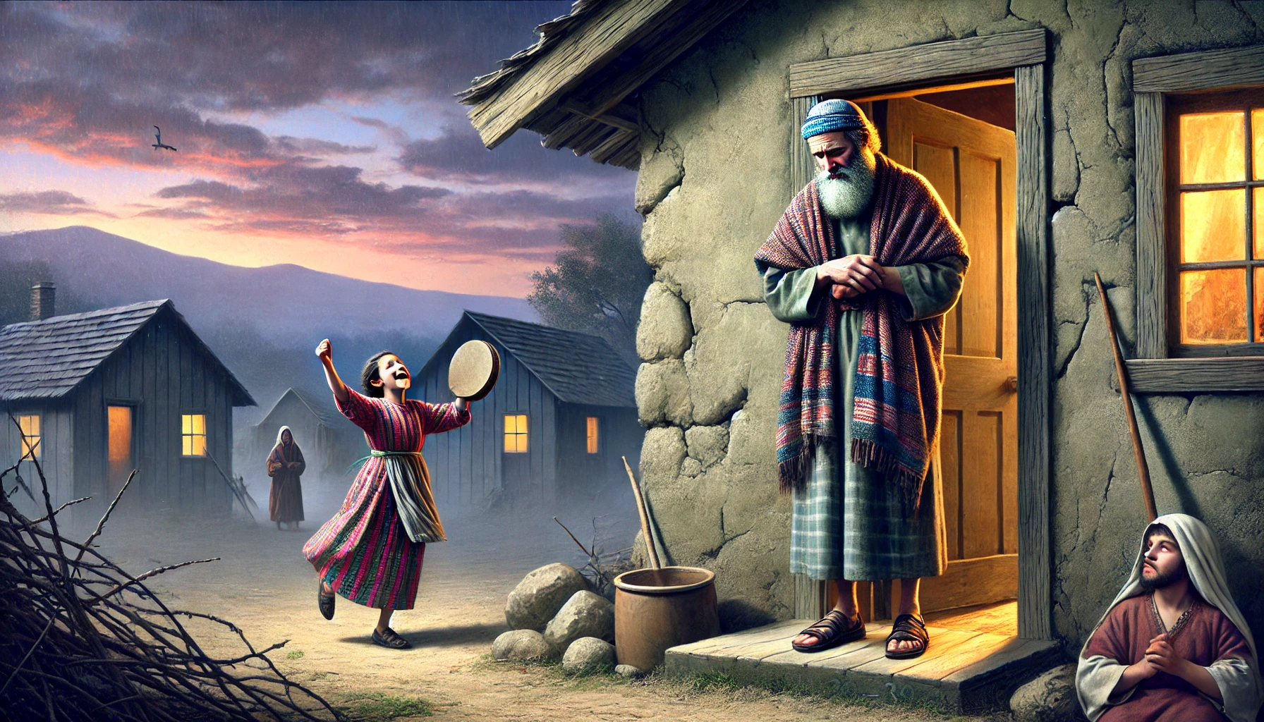 A weary Jephthah stands at the doorway of a modest house.