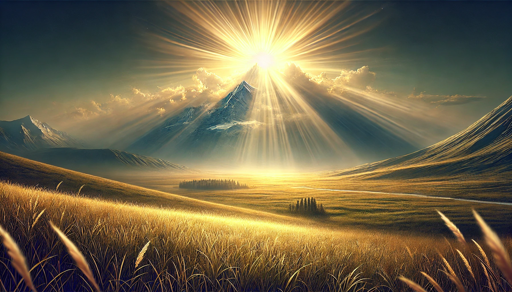 A wide, open plain with a towering golden sun in the background, illuminating the land with rays of light.