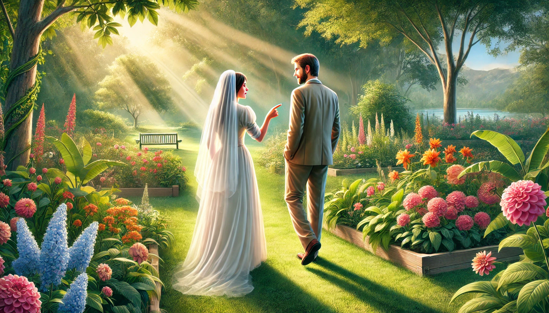 A wife and husband walking together through a serene outdoor garden.
