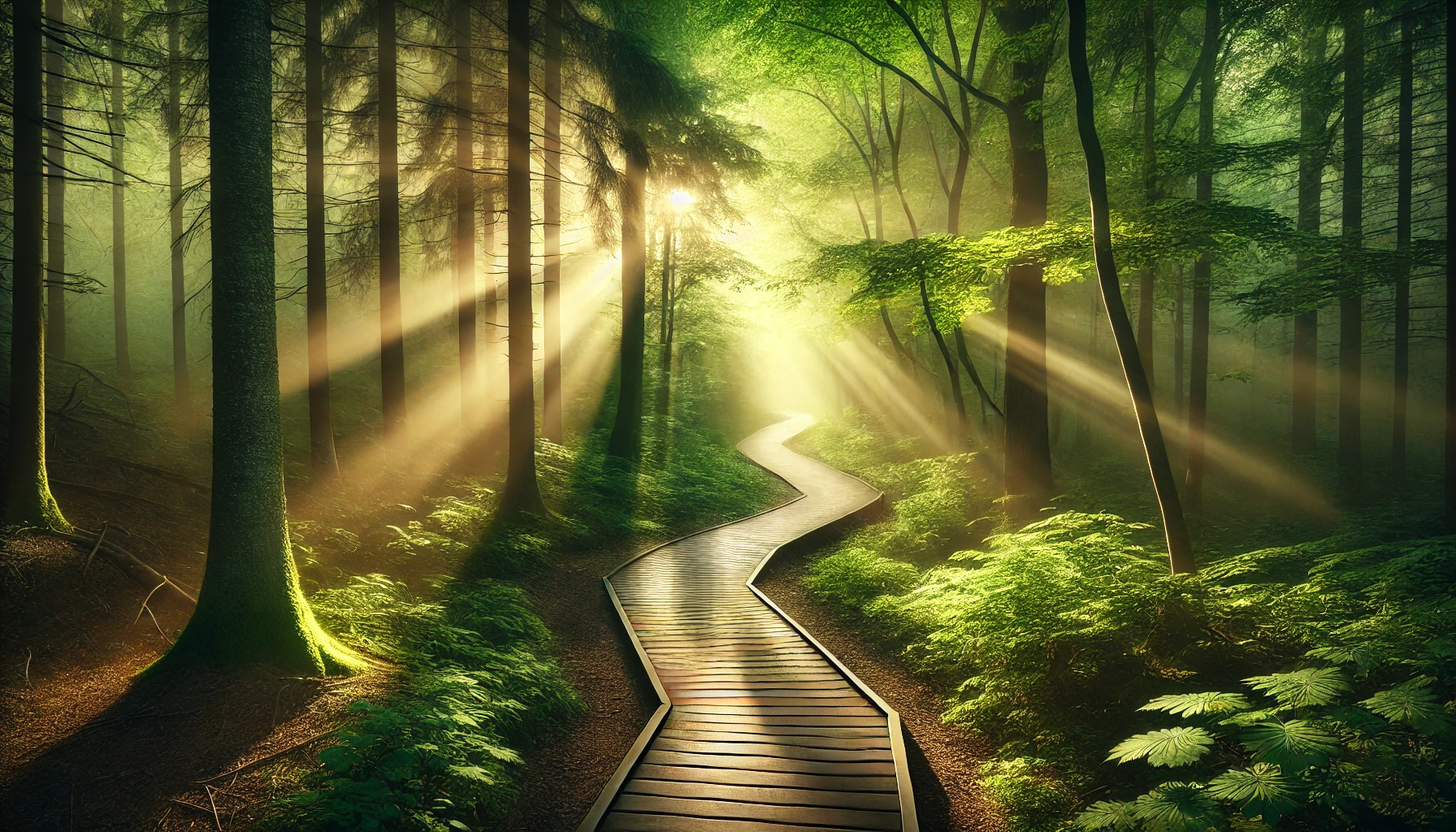 A winding forest path illuminated by rays of sunlight breaking through dense trees.