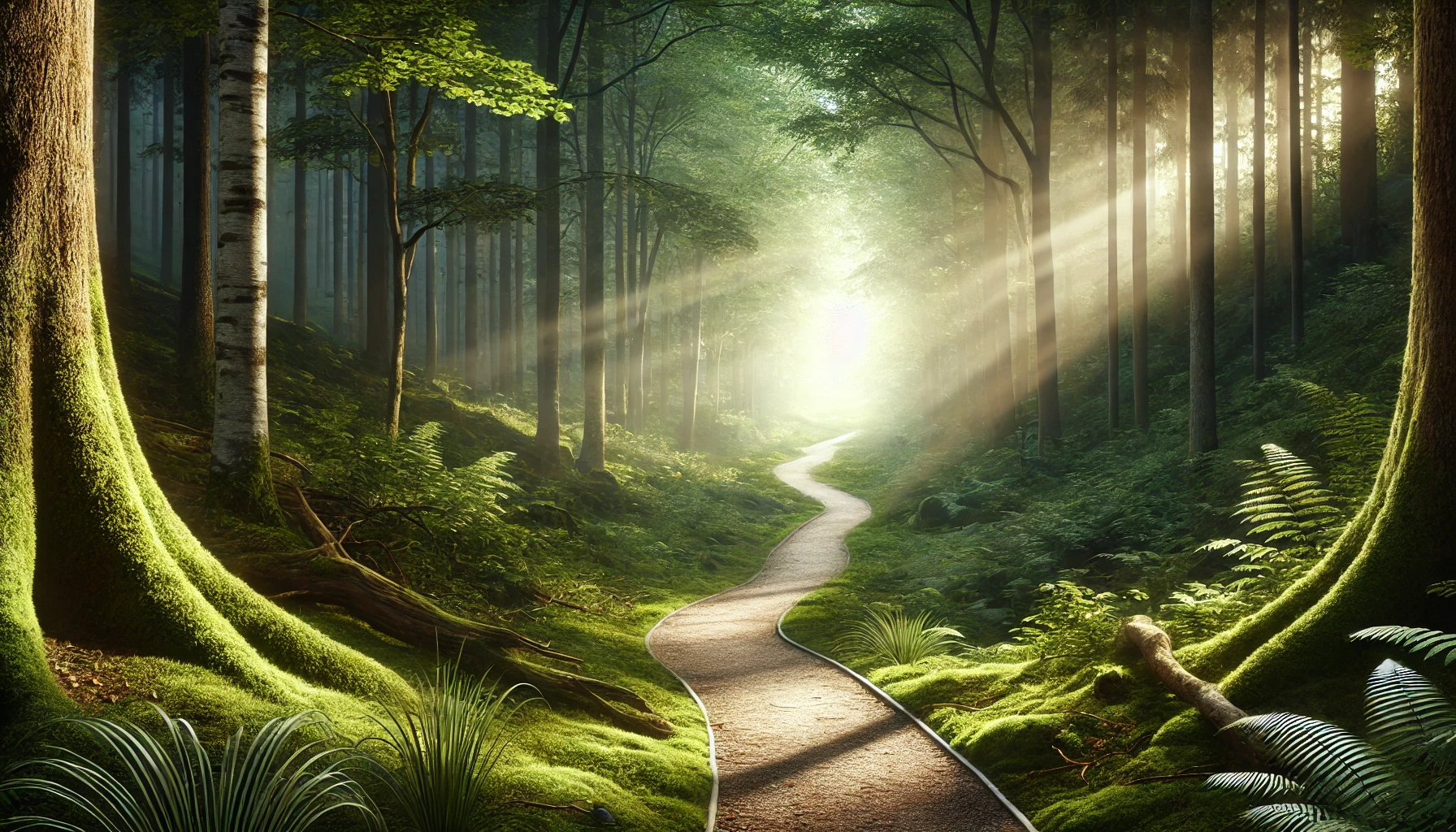 A winding path cutting through a dense, serene forest with sunlight streaming through the trees.