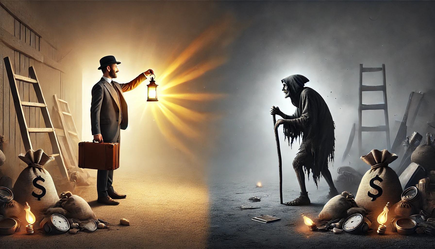 A wise man in simple, dignified clothing shining a light upon a weak and sinful man in rags.