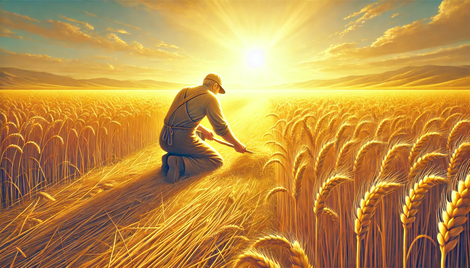 A worker in a golden field, diligently harvesting crops under a bright and clear sky.