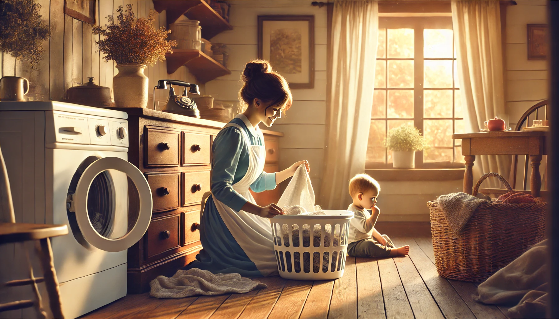 A young Christian wife lovingly folding laundry in a cozy home setting.