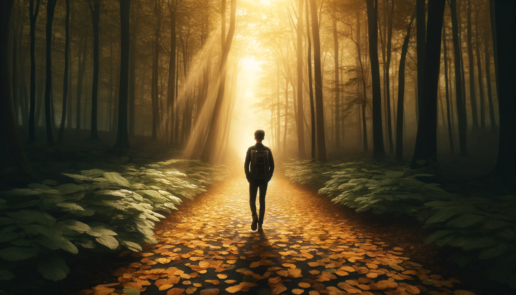 A young person walking through a wooded path during autumn.