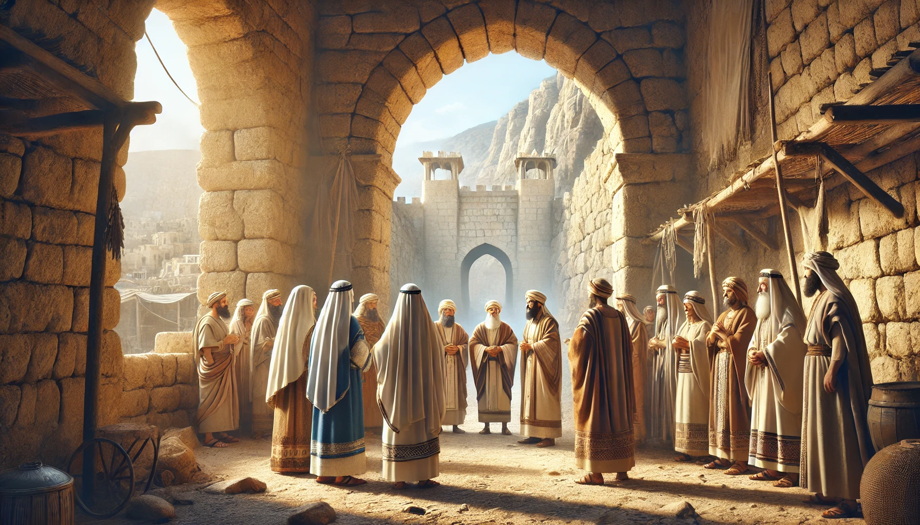 An ancient city gate in Israel, with elders gathered near the entrance.