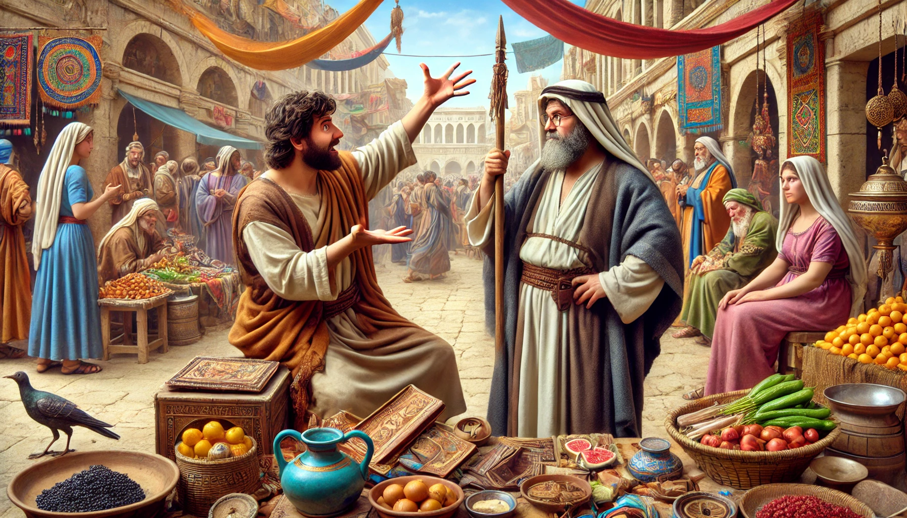 An ancient marketplace scene where a humorous negotiation is taking place.