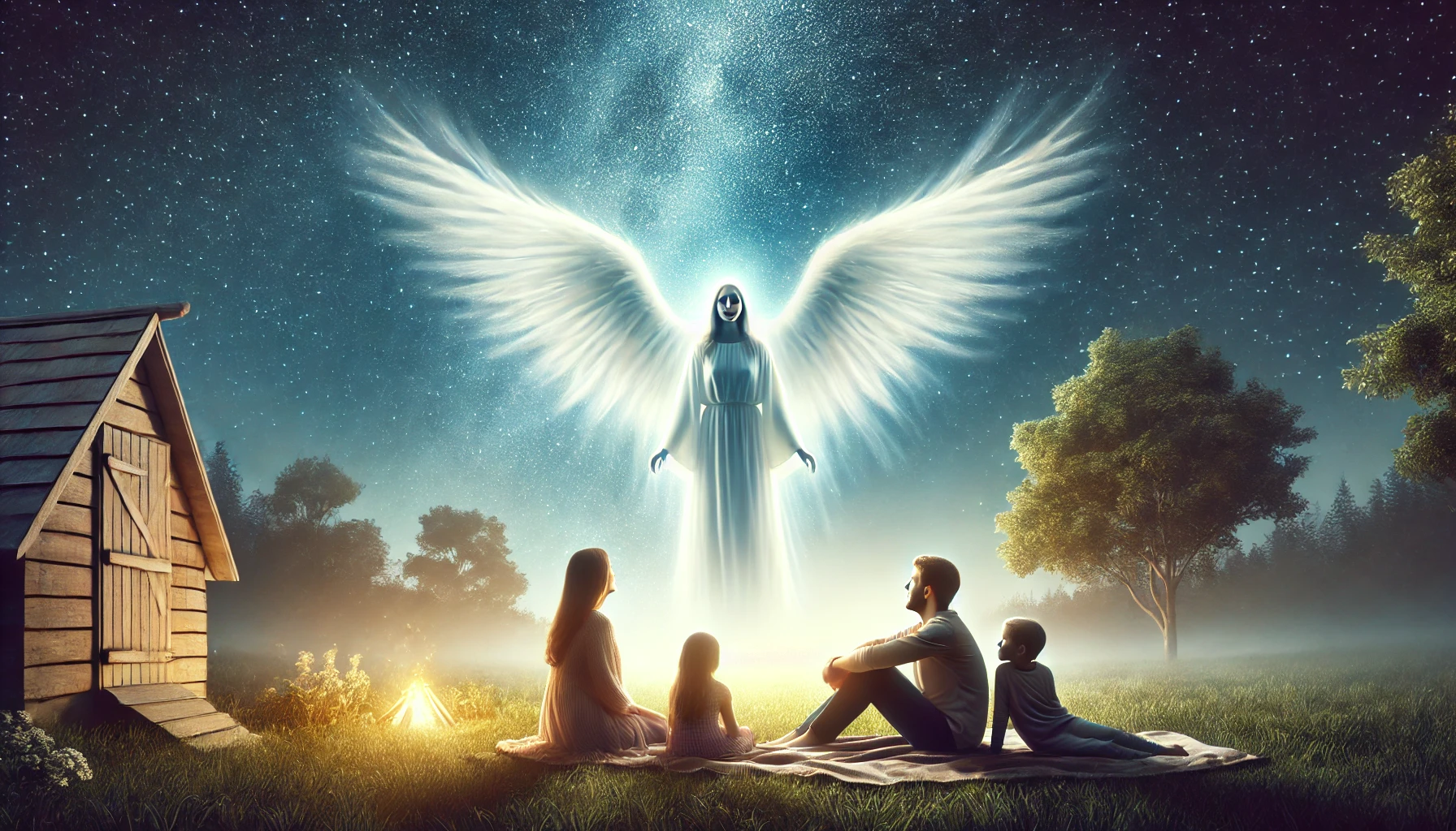 An angel encamping around a peaceful family in a serene outdoor setting.