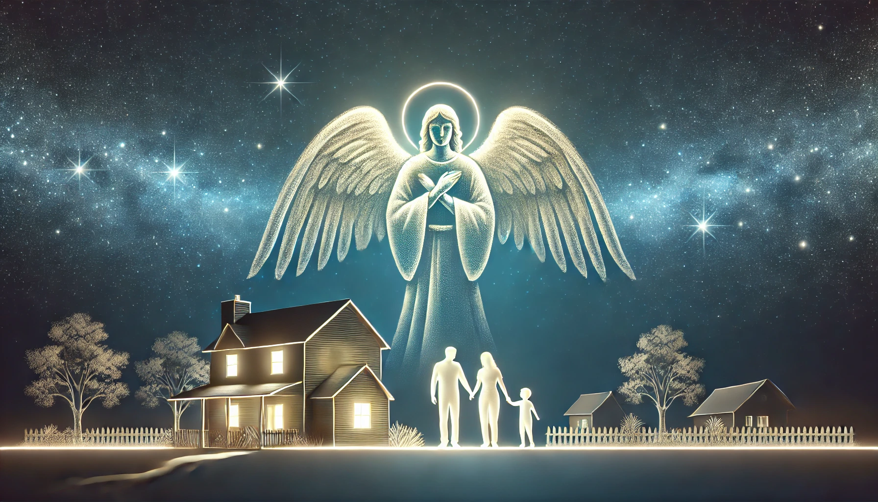 An angel standing guard over a family at night, illuminated by a soft glow.