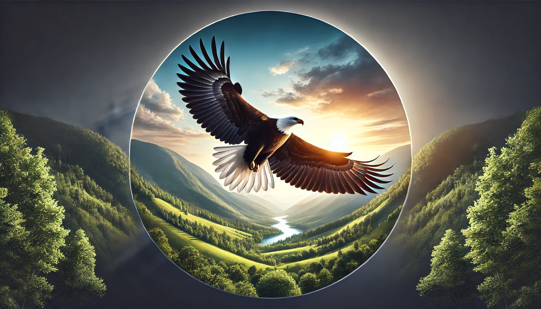 An eagle soaring high in the sky above a lush valley.