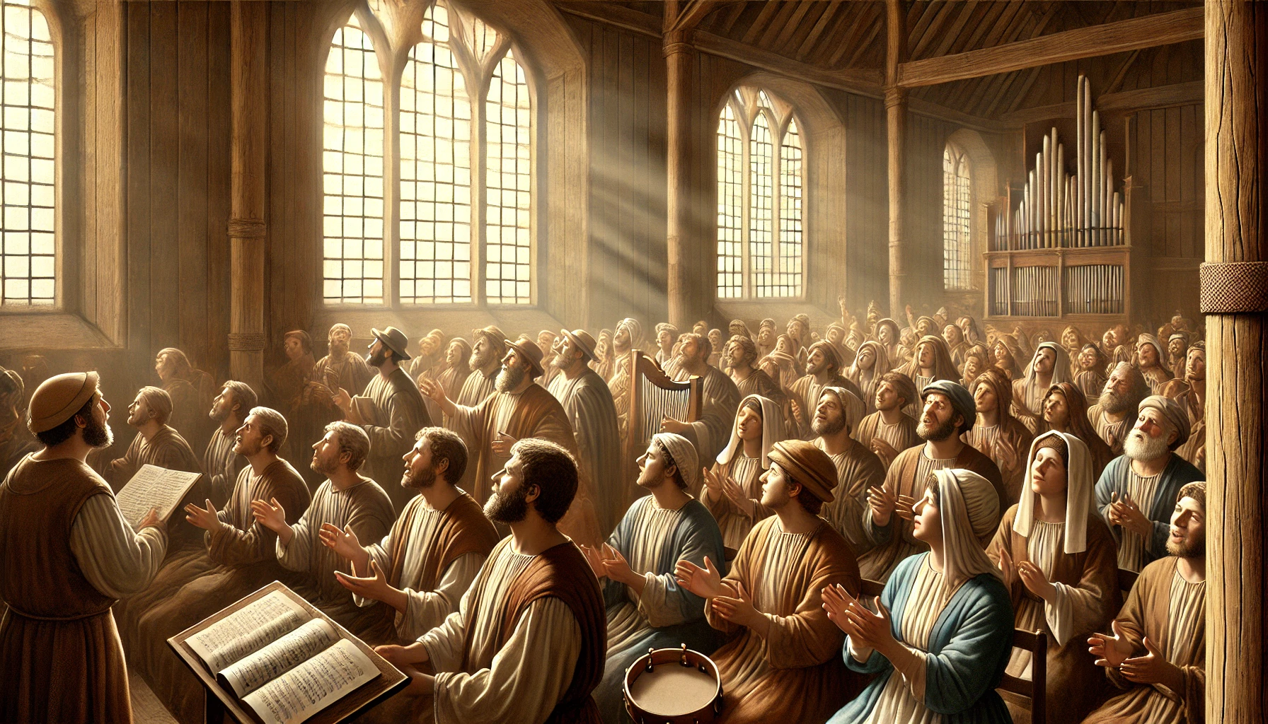 An early church congregation gathered in a simple yet reverent setting.